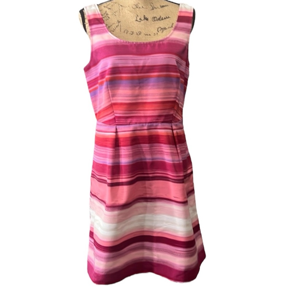 Loft EC Shades of pink striped sleeveless fit and flare dress. Size 12 Petite - Picture 1 of 6